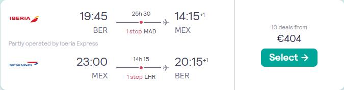 Cheap flights from Berlin, Germany to Mexico City, Mexico for only €404 roundtrip with Iberia and British Airways. Flight deal ticket image.