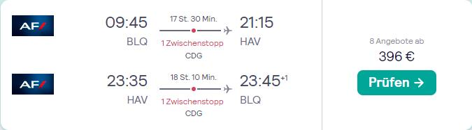 Cheap flights from Bologna, Italy to Havana, Cuba for only €396 roundtrip with Air France. Flight deal ticket image.