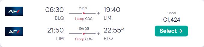 Business Class flights from Italian cities to Lima, Peru from only €1424 roundtrip with Air France. Flight deal ticket image.