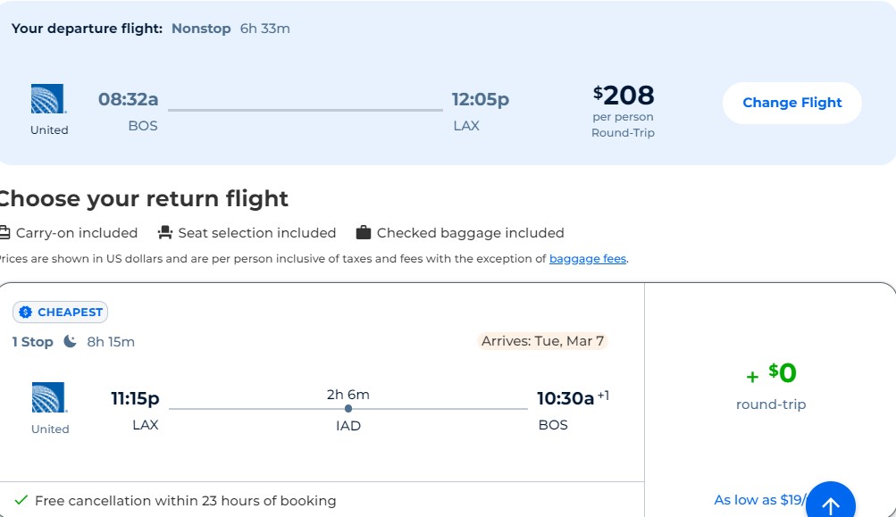 Cheap flights from Boston to Los Angeles for only $208 roundtrip with United Airlines. Also works in reverse. Flight deal ticket image.