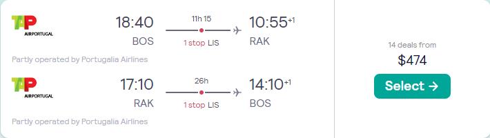 Click here to book this cheap flight deal. Cheap flights from Boston or Washington DC to Marrakesh, Morocco from only $474 roundtrip with TAP Air Portugal. Flight deal ticket image.