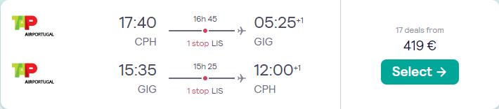 Cheap flights from Copenhagen, Denmark to Rio de Janeiro, Brazil for only €419 roundtrip with TAP Air Portugal. Flight deal ticket image.