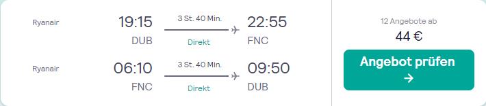Non-stop flights from Dublin, Ireland to the Portuguese island of Madeira for only €44 roundtrip. Flight deal ticket image.