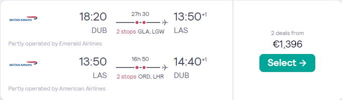 Business Class, summer flights from Dublin, Ireland to Las Vegas, USA for only €1396 roundtrip with British Airways and American Airlines. Flight deal ticket image.