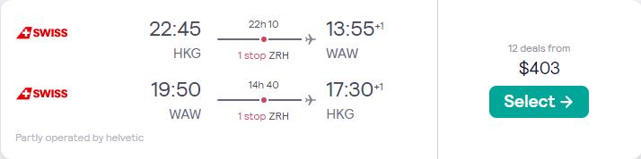 Cheap flights from Hong Kong to Warsaw, Poland for only $403 USD roundtrip with Swiss International Air Lines. Flight deal ticket image.