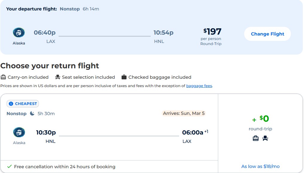 Non-stop flights from Los Angeles to Honolulu, Hawaii for only $197 roundtrip with Alaska Airlines. Also works in reverse. Flight deal ticket image.