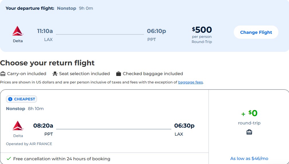 Non-stop flights from Los Angeles to Tahiti, French Polynesia for only $500 roundtrip with Delta Air Lines. Flight deal ticket image.