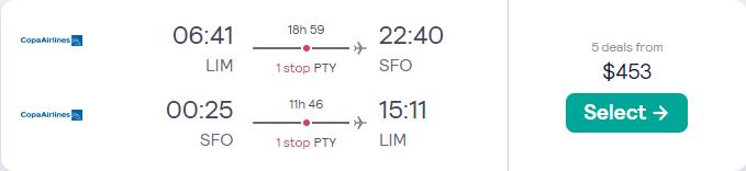 Click here to book this cheap flight deal. Cheap flights from Lima, Peru to San Francisco, USA for only $453 USD roundtrip with Copa Airlines. Flight deal ticket image.