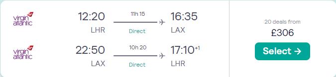 Click here to book this cheap flight deal. Cheap flights from London, UK to Californian cities from only £306 roundtrip with Virgin Atlantic, American Airlines and United Airlines. Flight deal ticket image.
