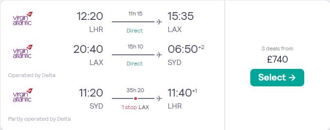 Click here to book this cheap flight deal. 2 in 1 trip...Cheap flights from London, UK to Los Angeles, USA and Sydney, Australia for only £740 roundtrip with Virgin Atlantic and Delta Air Lines. Flight deal ticket image.