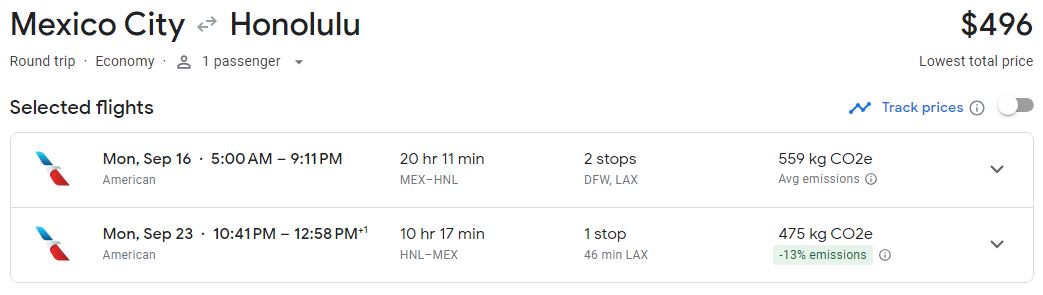 Cheap flights from Mexico City, Mexico to Honolulu, Hawaii for only $496 USD roundtrip with American Airlines. Flight deal ticket image.