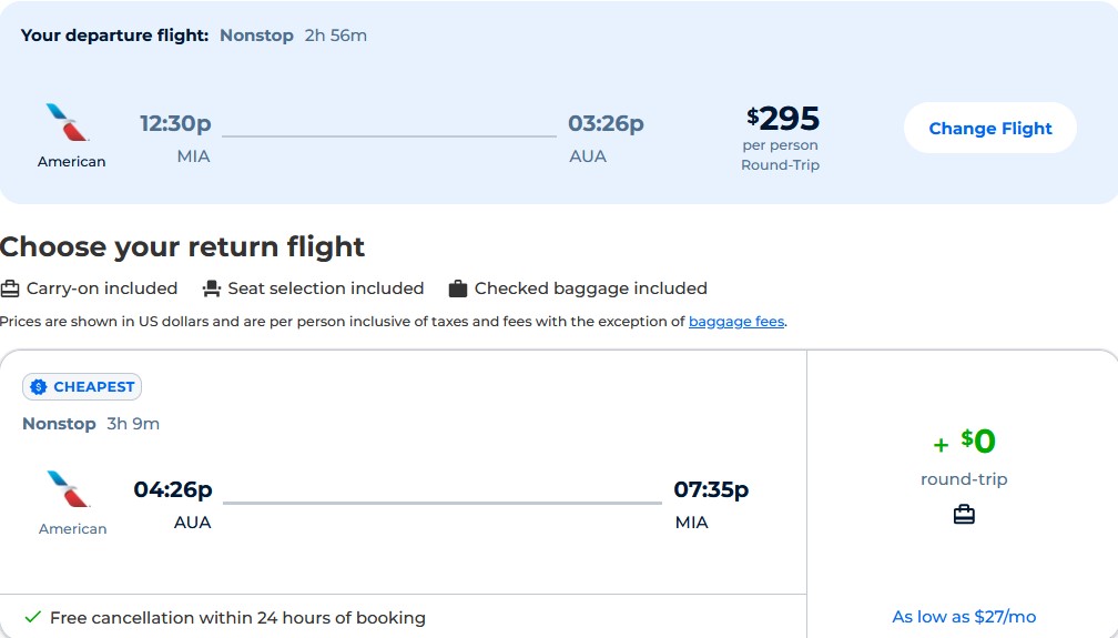 Non-stop flights from Miami to Aruba for only $295 roundtrip with American Airlines. Flight deal ticket image.