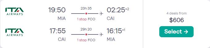 Cheap flights from Miami to Cairo, Egypt for only $606 roundtrip. Flight deal ticket image.