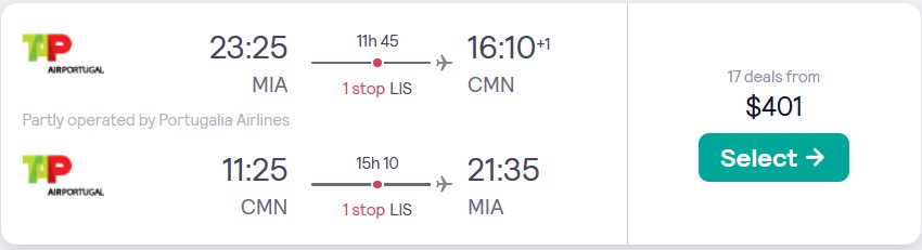Cheap flights from Miami or New York to Casablanca, Morocco from only $401 roundtrip with TAP Air Portugal. Flight deal ticket image.
