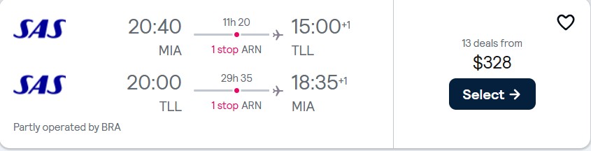 Click here to book this cheap flight deal. Cheap flights from Miami to Tallinn, Estonia for only $328 roundtrip with Scandinavian Airlines. Flight deal ticket image.
