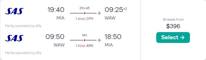 Cheap flights from Miami to Warsaw, Poland for only $396 roundtrip with Scandinavian Airlines. Flight deal ticket image.