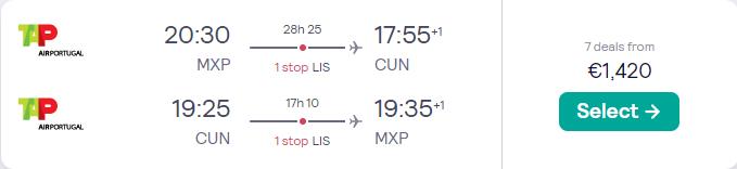 Business Class flights from Milan, Italy to Cancun, Mexico for only €1420 roundtrip with TAP Air Portugal. Flight deal ticket image.