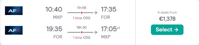Click here to book this cheap flight deal. Business Class flights from Milan, Italy to Brazilian cities from only €1378 roundtrip with Air France. Flight deal ticket image.