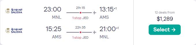 Business Class flights from Manila, Philippines to Amsterdam, Netherlands for only $1289 USD roundtrip. Flight deal ticket image.