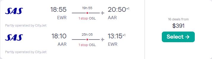Click here to book this cheap flight deal. Cheap flights from New York to Aarhus, Denmark for only $391 roundtrip with Scandinavian Airlines. Flight deal ticket image.
