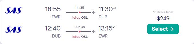 Cheap flights from New York or Boston to Dublin, Ireland from only $249 roundtrip with Scandinavian Airlines. Flight deal ticket image.