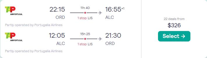 Cheap flights from Chicago to Alicante, Spain for only $326 roundtrip with TAP Air Portugal. Flight deal ticket image.