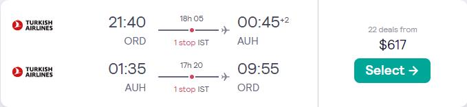 Cheap flights from Chicago to Abu Dhabi, UAE for only $617 roundtrip with Turkish Airlines. Flight deal ticket image.