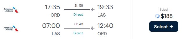 Non-stop flights from Chicago to Las Vegas for only $188 roundtrip with American Airlines. Also works in reverse. Flight deal ticket image.