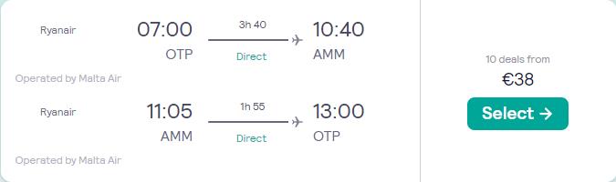 Non-stop, last minute flights from Bucharest, Romania to Amman, Jordan for only €38 roundtrip. Flight deal ticket image.