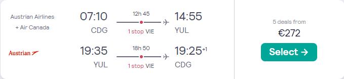 Cheap flights from Paris, France to Montreal, Canada for only €272 roundtrip with Austrian Airlines. Flight deal ticket image.