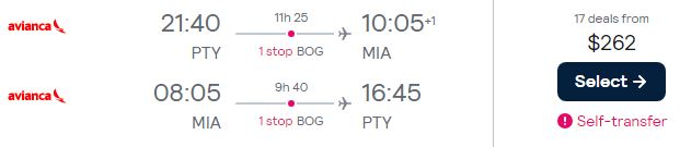 Cheap flights from Panama City, Panama to Miami, USA for only $262 USD roundtrip with Avianca. Flight deal ticket image.