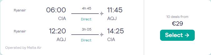 Click here to book this cheap flight deal. Non-stop flights from Rome, Italy to Aqaba, Jordan for only €29 roundtrip. Flight deal ticket image.