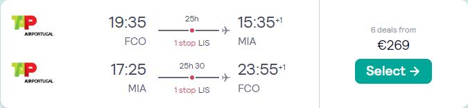 Click here to book this cheap flight deal. Cheap flights from Rome, Italy to Miami, USA for only €269 roundtrip with TAP Air Portugal. Flight deal ticket image.