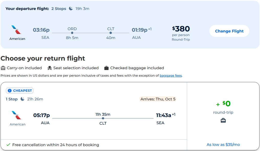 Cheap flights from Seattle to Aruba for only $380 roundtrip with American Airlines. Flight deal ticket image.