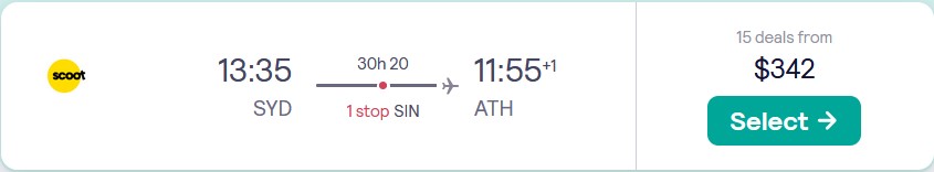 Click here to book this cheap flight deal. Cheap flights from Sydney, Australia to Athens, Greece for only $342 AUD one-way. Flight deal ticket image.