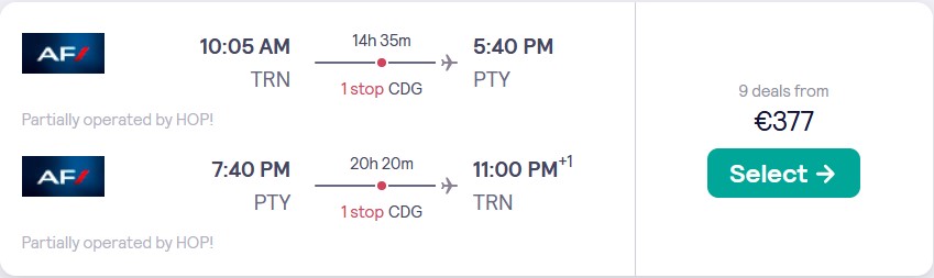 Cheap flights from Italian cities to Panama City, Panama from only €377 roundtrip with Air France. Flight deal ticket image.