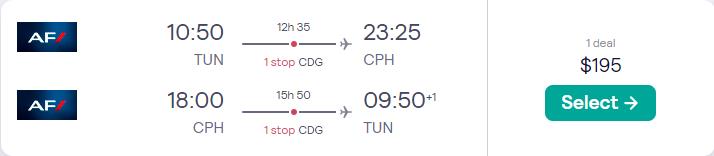 Cheap flights from Tunis, Tunisia to Copenhagen, Denmark for only $195 USD roundtrip with Air France. Flight deal ticket image.