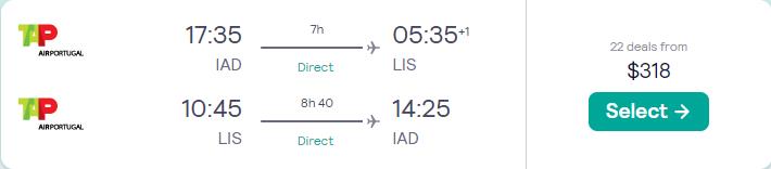 Click here to book this cheap flight deal. Non-stop flights from Washington DC to Lisbon, Portugal for only $318 roundtrip with TAP Air Portugal. Flight deal ticket image.