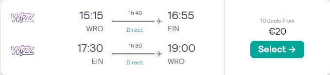 Click here to book this cheap flight deal. Non-stop flights from Wroclaw, Poland to Eindhoven, Netherlands for only €20 roundtrip. Flight deal ticket image.