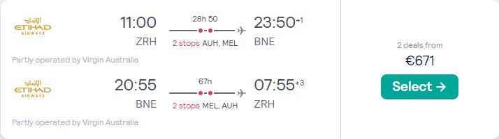 Cheap flights from Zurich, Switzerland to Brisbane, Australia for only €671 roundtrip with Etihad Airways and Virgin Australia. Flight deal ticket image.