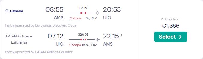 Business Class flights from Amsterdam, Netherlands to Quito, Ecuador for only €1366 roundtrip with Lufthansa, Copa Airlines and LATAM Airlines. Flight deal ticket image.