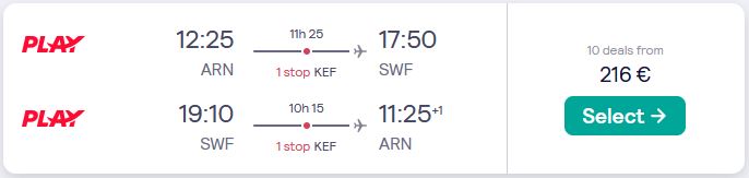 Cheap flights from Stockholm, Sweden to Newburgh, USA for only €216 roundtrip. Flight deal ticket image.