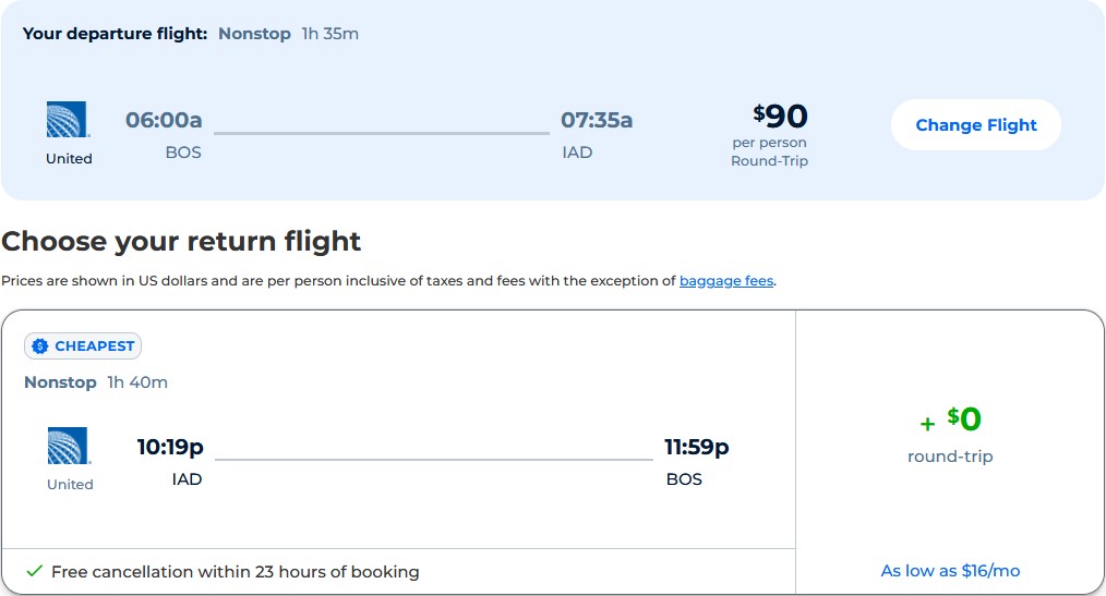 Non-stop flights from Boston to Washington DC for only $90 roundtrip with United Airlines. Also works in reverse. Flight deal ticket image.