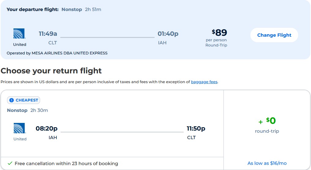 Non-stop flights from Charlotte, North Carolina to Houston, Texas for only $89 roundtrip with United Airlines. Also works in reverse. Flight deal ticket image.