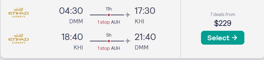 Cheap flights from Dammam, Saudi Arabia to Karachi, Pakistan for only $229 USD roundtrip with Etihad Airways. Flight deal ticket image.