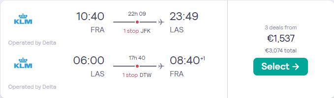 Business Class, summer flights from Frankfurt, Germany to Las Vegas, USA for only €1537 roundtrip with Delta Air Lines. Flight deal ticket image.