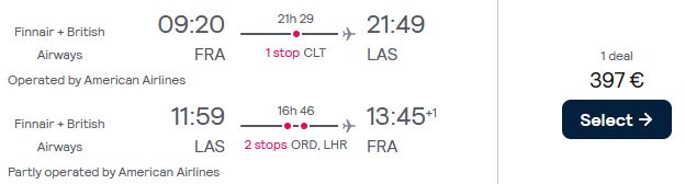 Cheap flights from Frankfurt, Germany to Las Vegas, USA for only €390 roundtrip with British Airways and American Airlines. Flight deal ticket image.