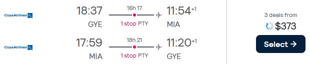 Vols pas chers de Guayaquil, Équateur à Miami, États-Unis pour seulement 373 $ US aller-retour avec Copa Airlines.  Image du billet de l'offre de vol.
