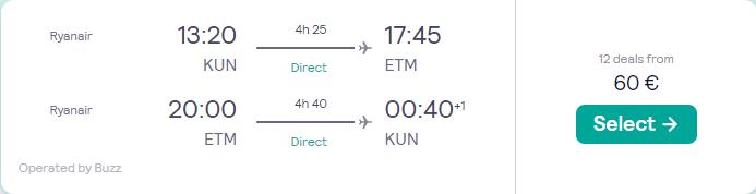 Non-stop flights from Kaunas, Lithuania to Eilat, Israel for only €60 roundtrip. Flight deal ticket image.