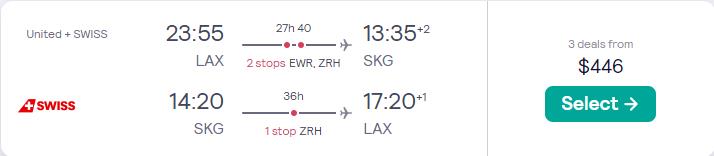 Click here to book this cheap flight deal. Cheap flights from Los Angeles to Thessaloniki, Greece for only $446 roundtrip with United Airlines and Swiss International Air Lines. Flight deal ticket image.